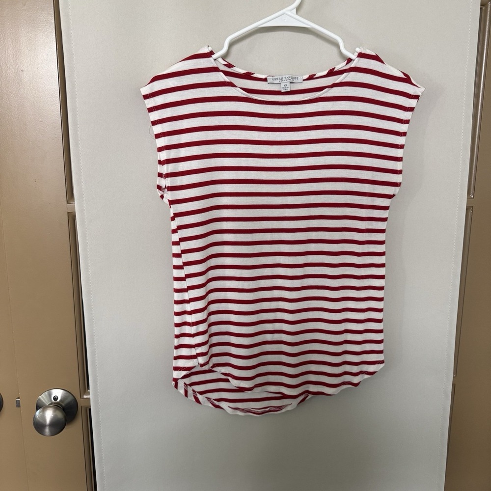 Green Envelope Womens XS White Red Stripe Round Neck Short Cap Sleeve T-Shirt